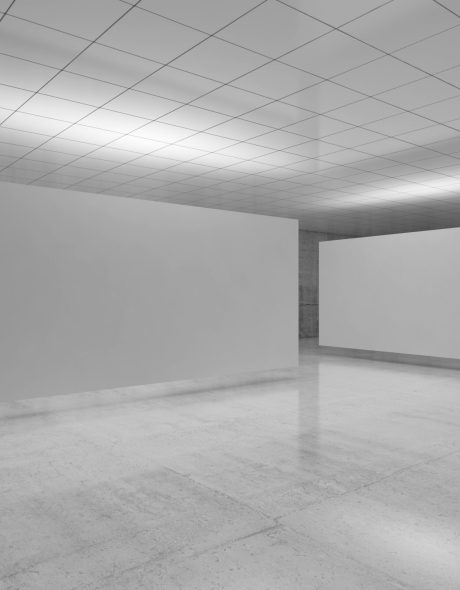 Abstract empty minimalist interior design, white stands installation levitating in exhibition gallery with walls made of polished concrete and shiny ceiling. 3d render